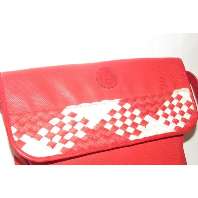 Fendi Sas Envelope Or Shoulder Purse Tomato Red Saffiano Leather And Woven Red And Ivory Jute Cross