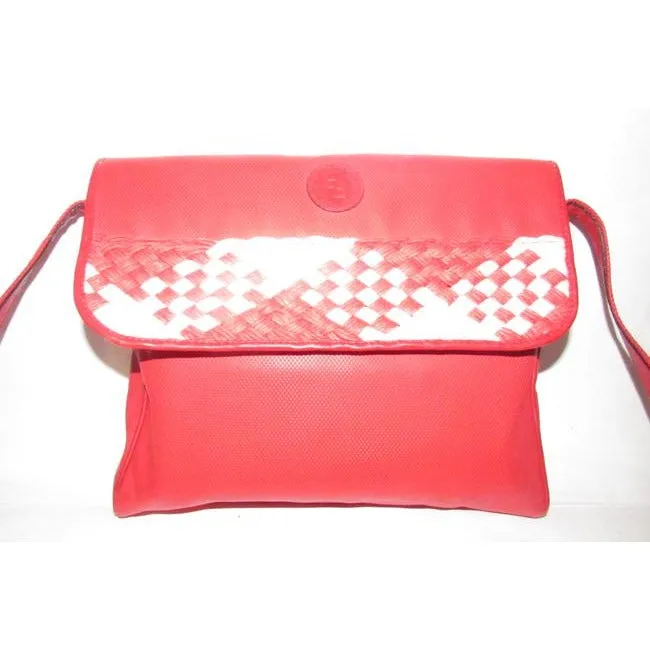 Fendi Sas Envelope Or Shoulder Purse Tomato Red Saffiano Leather And Woven Red And Ivory Jute Cross