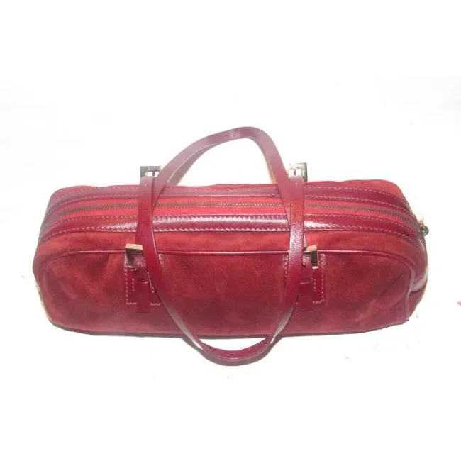 Fendi Style Shoulder Purses Dark Red Suede And Leather With Rose Gold Hardware Satchel