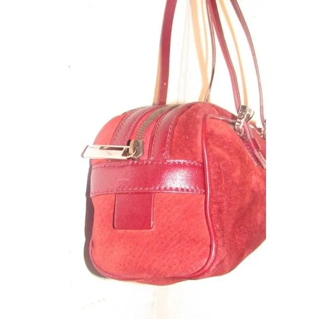 Fendi Style Shoulder Purses Dark Red Suede And Leather With Rose Gold Hardware Satchel