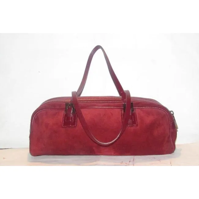 Fendi Style Shoulder Purses Dark Red Suede And Leather With Rose Gold Hardware Satchel