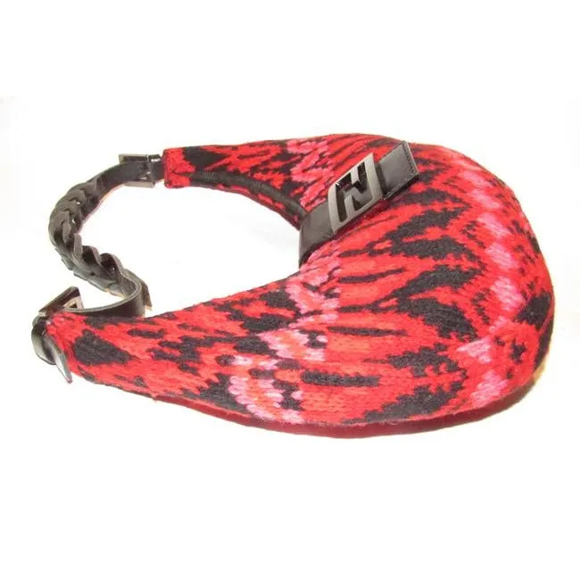 Fendi Style Shoulder Purses Red Pink And Black Knit Design Wool And Black Leather Hobo Bag