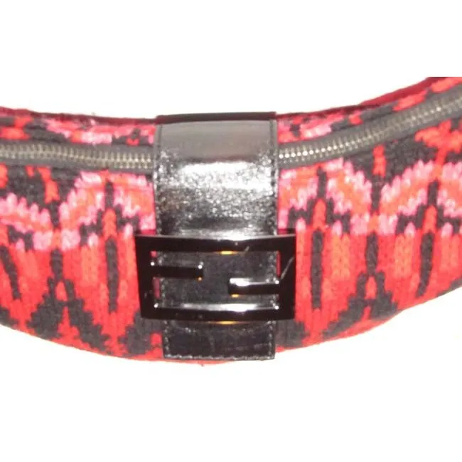 Fendi Style Shoulder Purses Red Pink And Black Knit Design Wool And Black Leather Hobo Bag