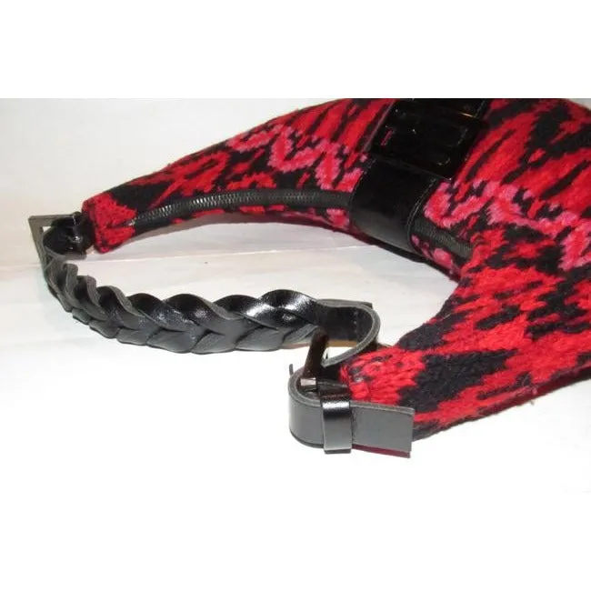 Fendi Style Shoulder Purses Red Pink And Black Knit Design Wool And Black Leather Hobo Bag