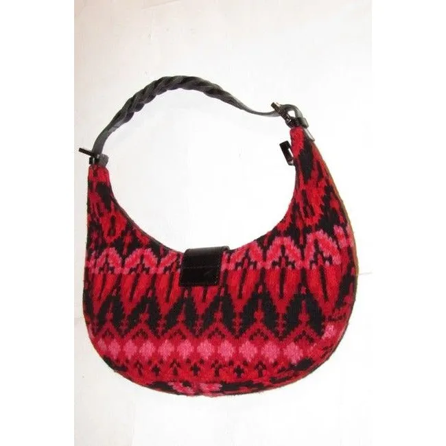 Fendi Style Shoulder Purses Red Pink And Black Knit Design Wool And Black Leather Hobo Bag