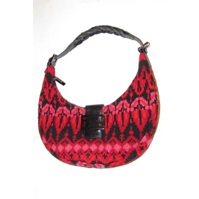 Fendi Style Shoulder Purses Red Pink And Black Knit Design Wool And Black Leather Hobo Bag