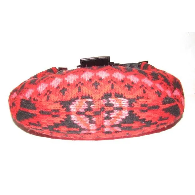 Fendi Style Shoulder Purses Red Pink And Black Knit Design Wool And Black Leather Hobo Bag