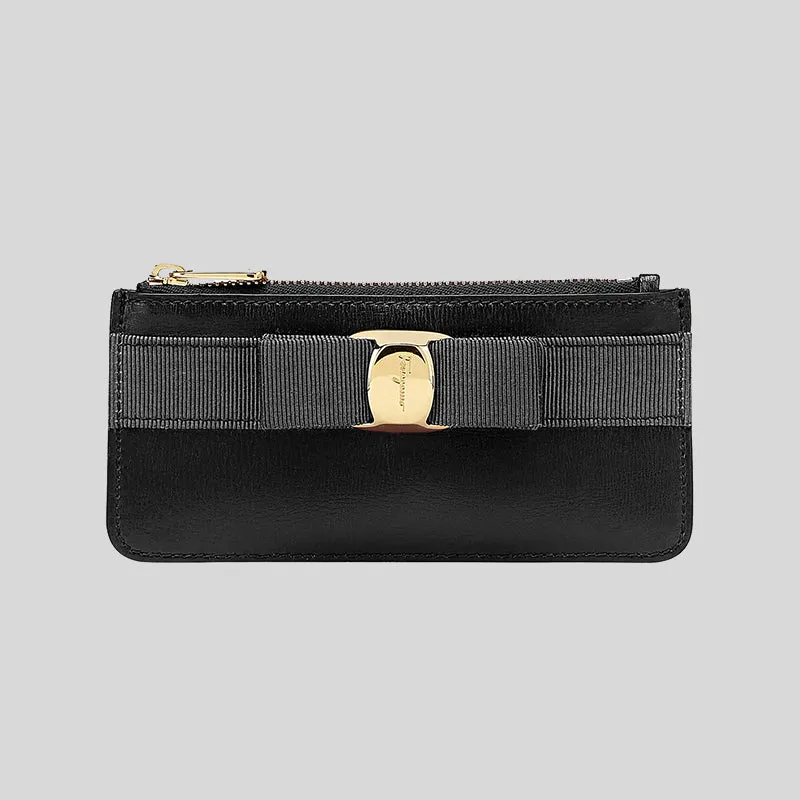 FERRAGAMO Vara Blow Calf Leather Flat Card Case Wallet Black 734494