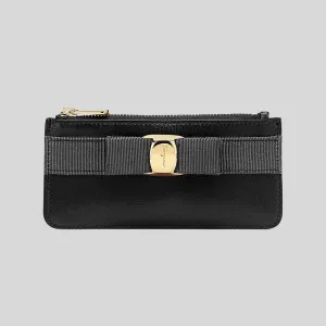 FERRAGAMO Vara Blow Calf Leather Flat Card Case Wallet Black 734494