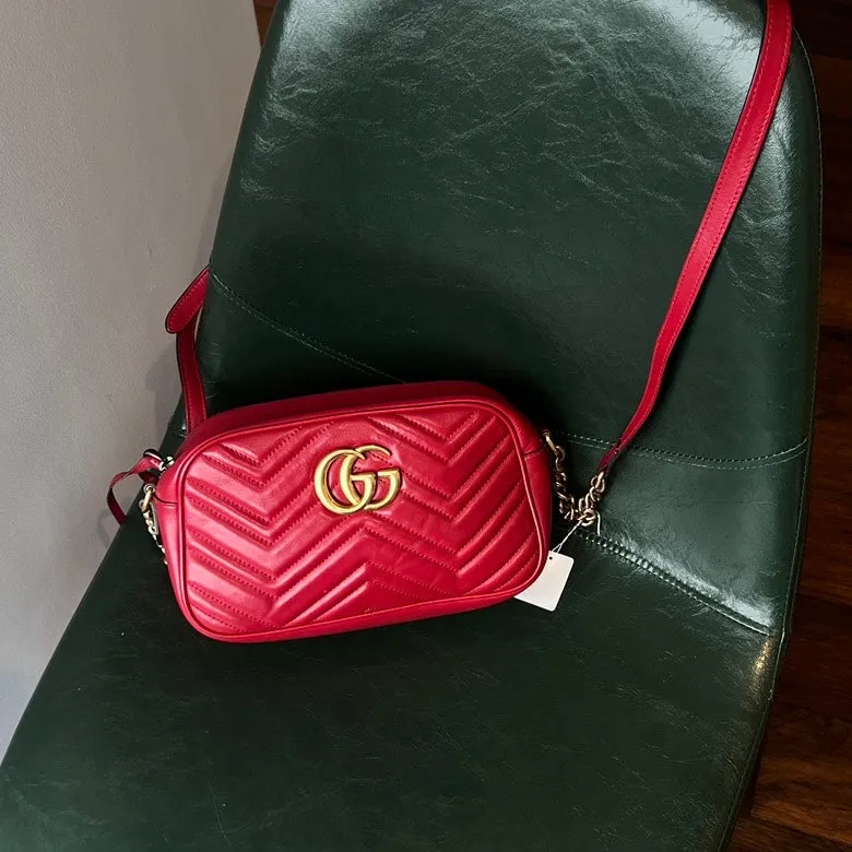 Gucci GG Marmont Camera Leather Chain Shoulder Bag AF767 Red