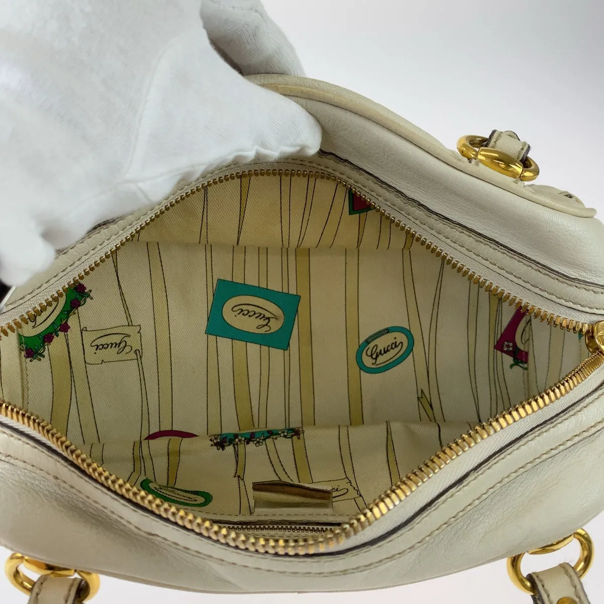 GUCCI Handbag 159399 leather White GoldMetal Handbag Shoulder Bag Bamboo Horsebit Women Used