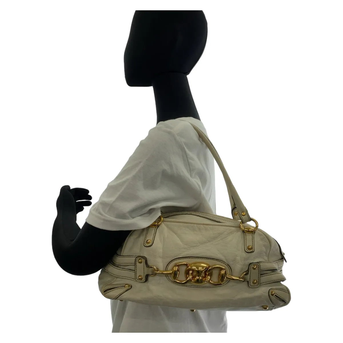 GUCCI Handbag 159399 leather White GoldMetal Handbag Shoulder Bag Bamboo Horsebit Women Used