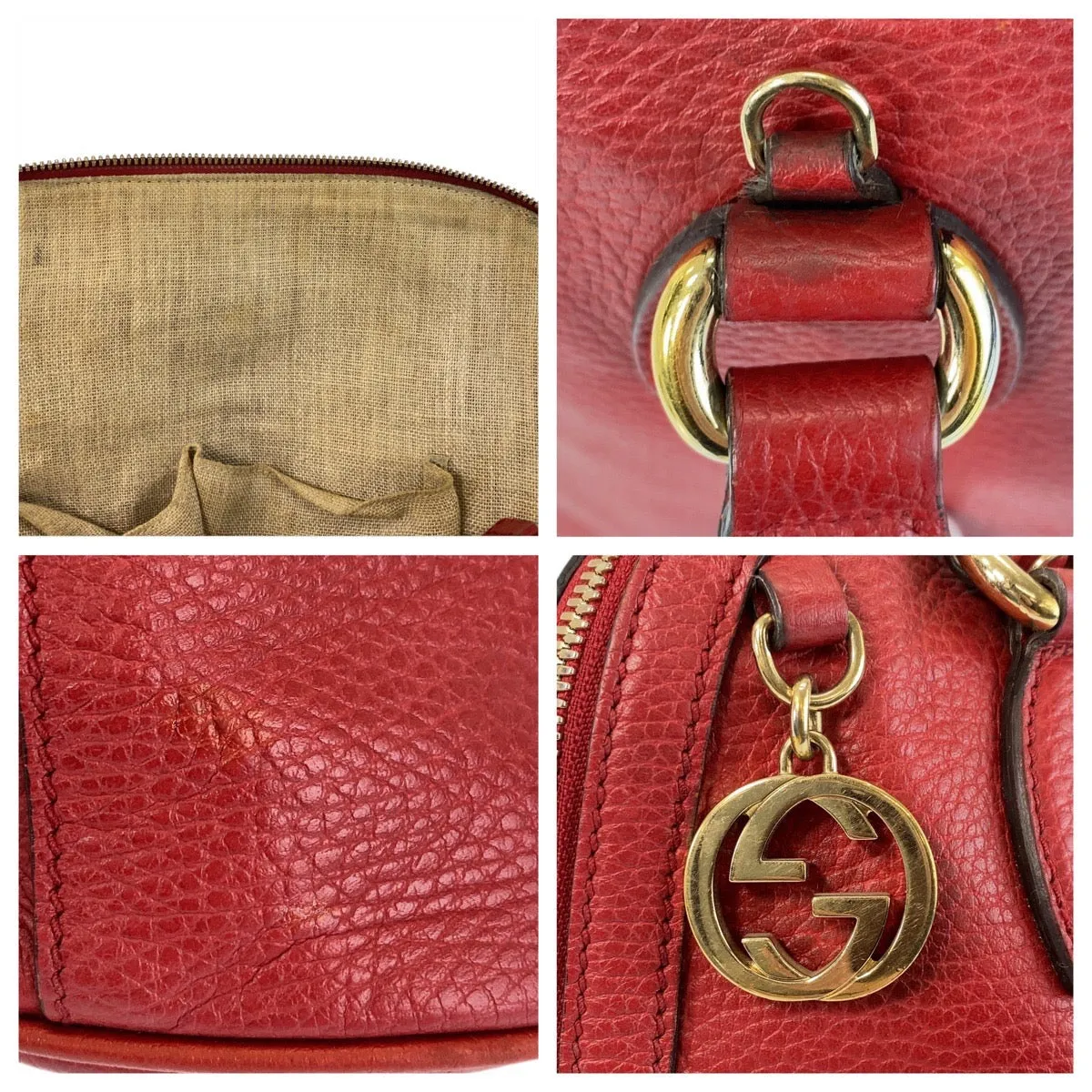 GUCCI Handbag 449662 leather Red Gold Metal Handbag Shoulder Bag 2way Interlocking Women Used