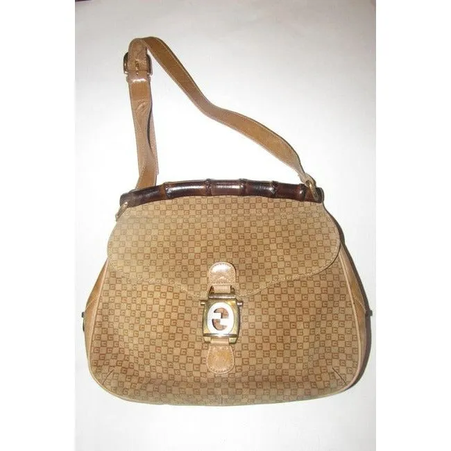 Gucci Jackie Micro Square Guccissima Print Suede Bamboo Top Handle Brown Shoulder Bag