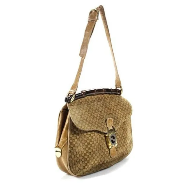 Gucci Jackie Micro Square Guccissima Print Suede Bamboo Top Handle Brown Shoulder Bag