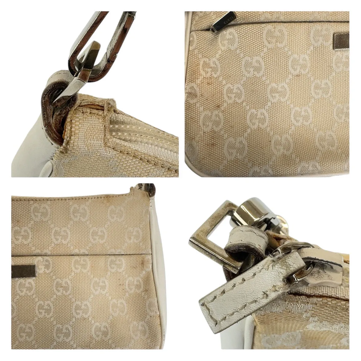 GUCCI Shoulder Bag 001 3870 GG canvas, leather White Beige SilverMetal Shoulder Bag Handbag Accessory Pouch Bamboo Women Used