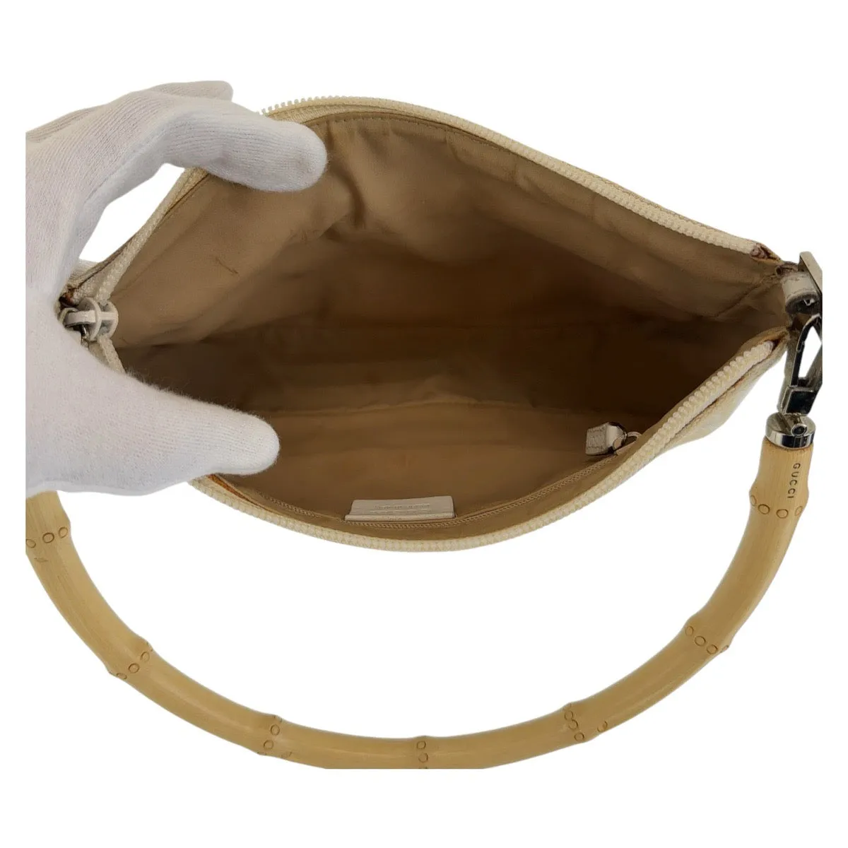 GUCCI Shoulder Bag 001 3870 GG canvas, leather White Beige SilverMetal Shoulder Bag Handbag Accessory Pouch Bamboo Women Used