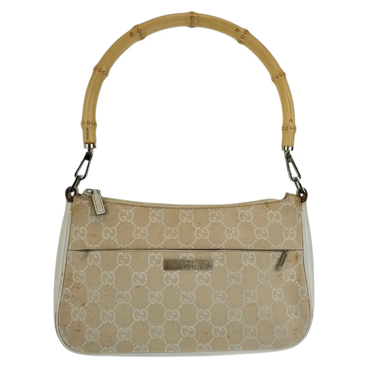 GUCCI Shoulder Bag 001 3870 GG canvas, leather White Beige SilverMetal Shoulder Bag Handbag Accessory Pouch Bamboo Women Used
