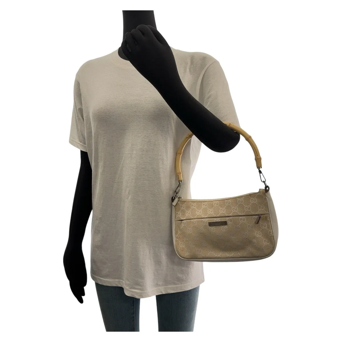 GUCCI Shoulder Bag 001 3870 GG canvas, leather White Beige SilverMetal Shoulder Bag Handbag Accessory Pouch Bamboo Women Used