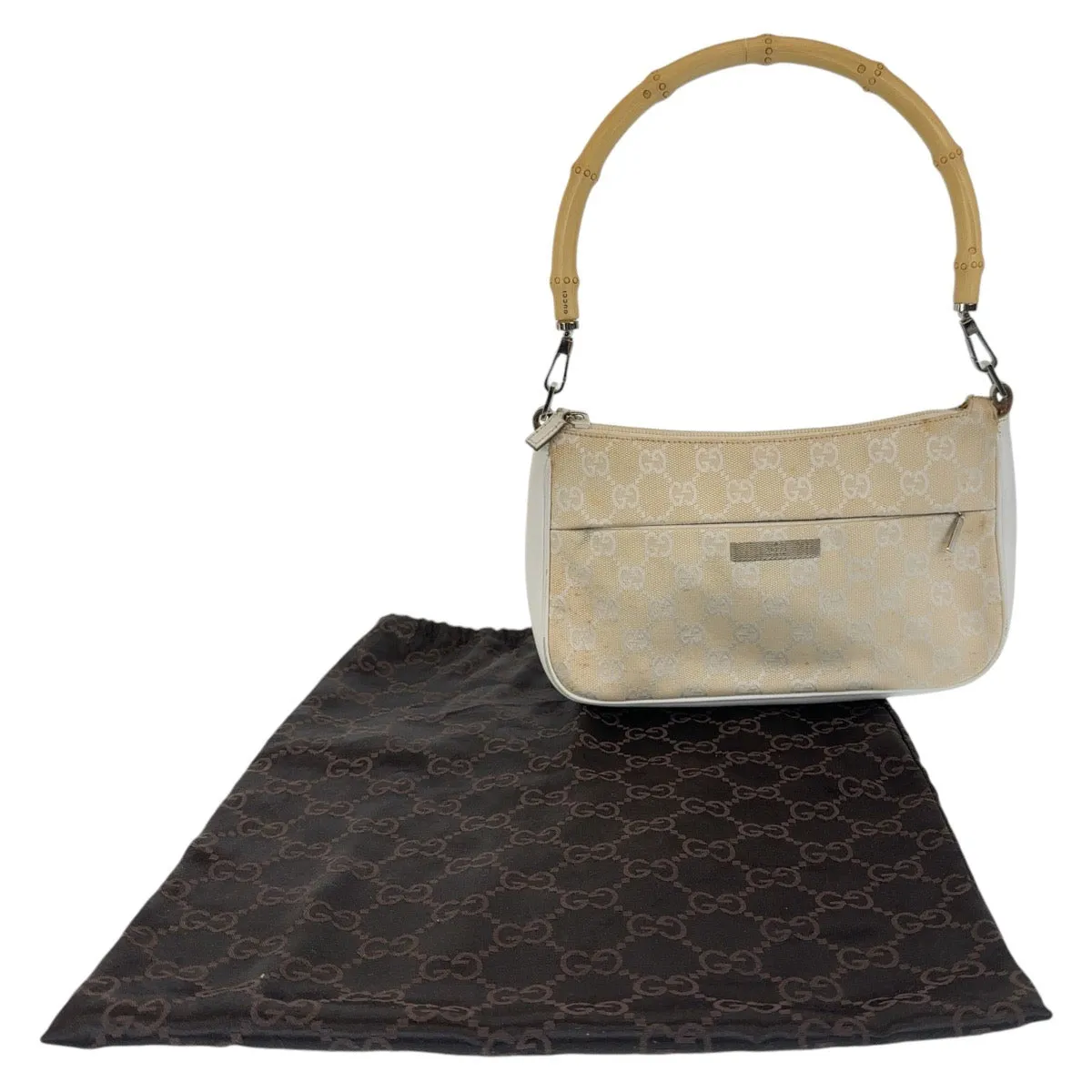 GUCCI Shoulder Bag 001 3870 GG canvas, leather White Beige SilverMetal Shoulder Bag Handbag Accessory Pouch Bamboo Women Used