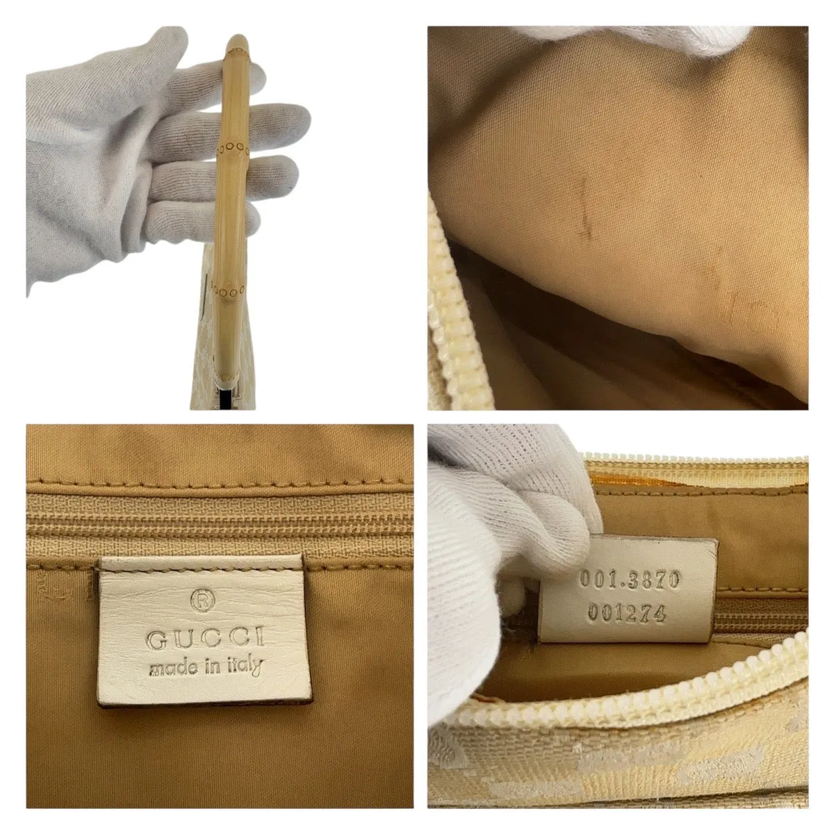 GUCCI Shoulder Bag 001 3870 GG canvas, leather White Beige SilverMetal Shoulder Bag Handbag Accessory Pouch Bamboo Women Used