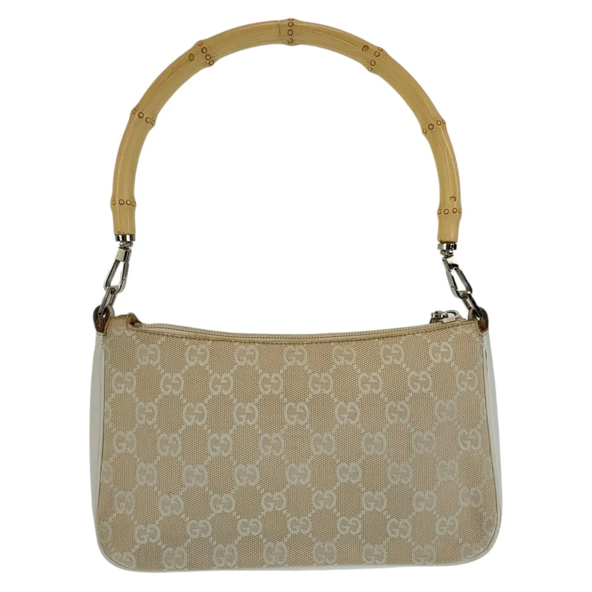 GUCCI Shoulder Bag 001 3870 GG canvas, leather White Beige SilverMetal Shoulder Bag Handbag Accessory Pouch Bamboo Women Used