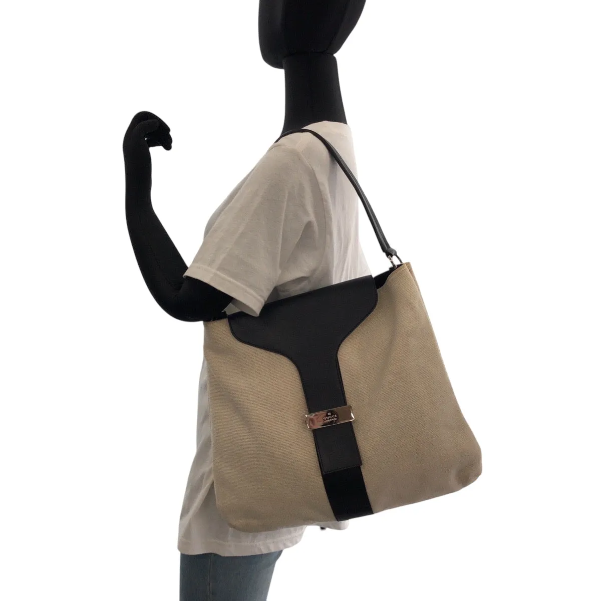 GUCCI Shoulder Bag 001 4014 001013 cotton Ivory Black SilverMetal Hobo One Shoulder Bag Women Used