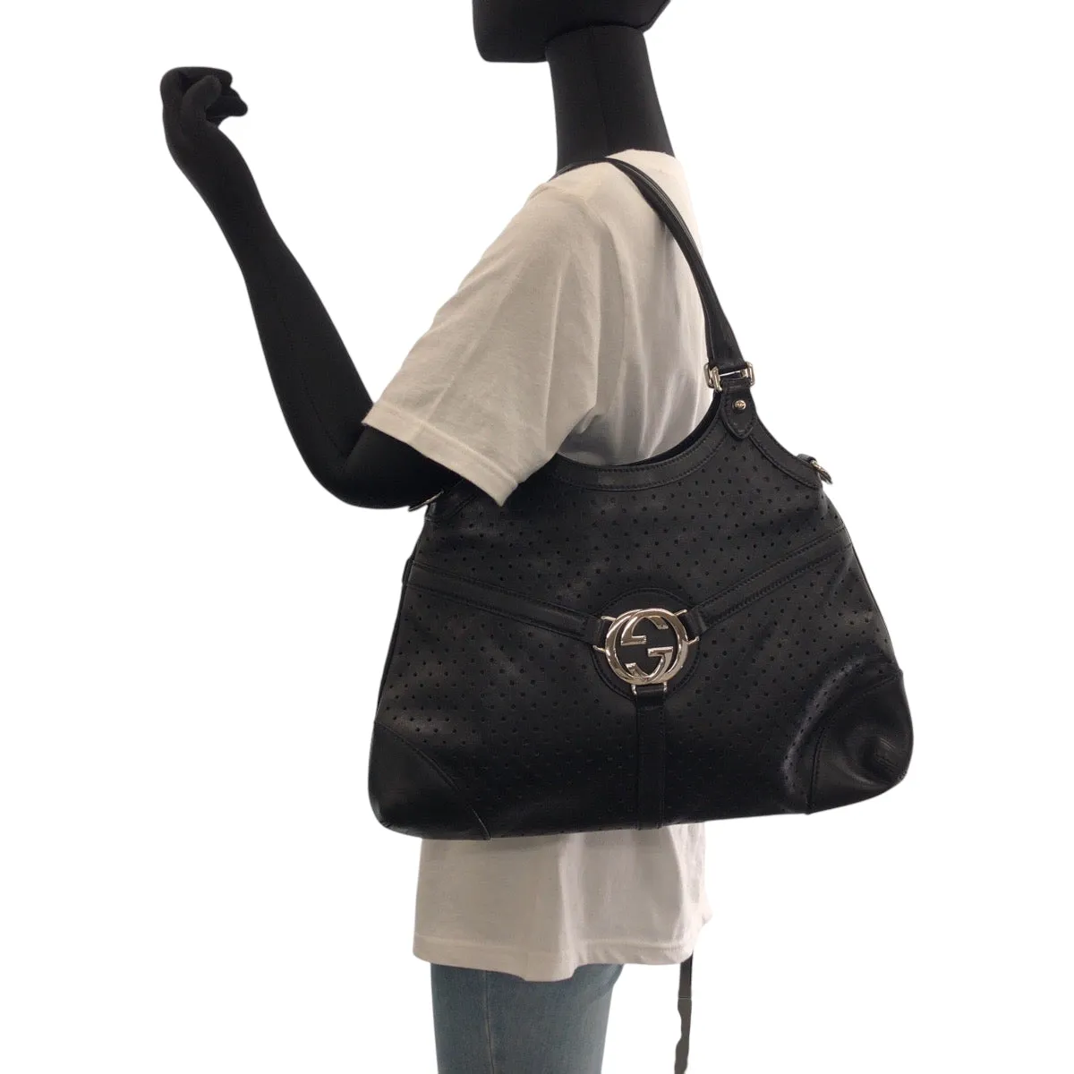 GUCCI Shoulder Bag 114875 leather Black SilverMetal Hobo Shoulder Bag Interlocking Women Used