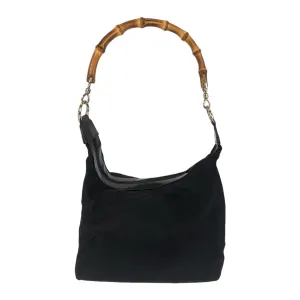 GUCCI Shoulder Bag Canvas, Leather Black Silver Metal Shoulder Bag Hobo Bamboo Women Used