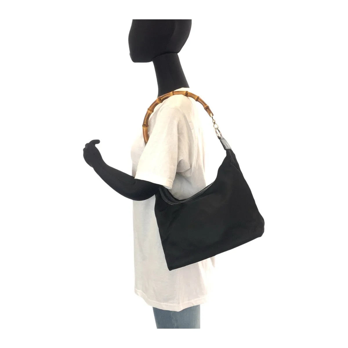 GUCCI Shoulder Bag Canvas, Leather Black Silver Metal Shoulder Bag Hobo Bamboo Women Used