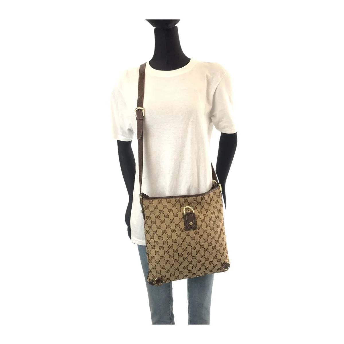 GUCCI Shoulder Bag GG canvas, leather Beige Brown Gold Metal Crossbody Shoulder Bag Pochette Abbey Women Used