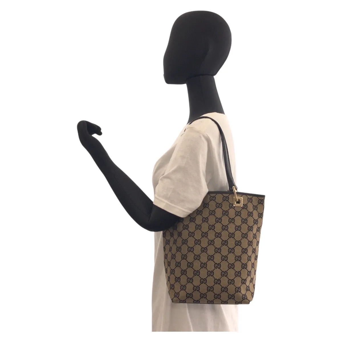 GUCCI Tote Bag 002 1099 GG canvas, leather Beige Black Gold Metal Tote Bag Shoulder Bag Women Used
