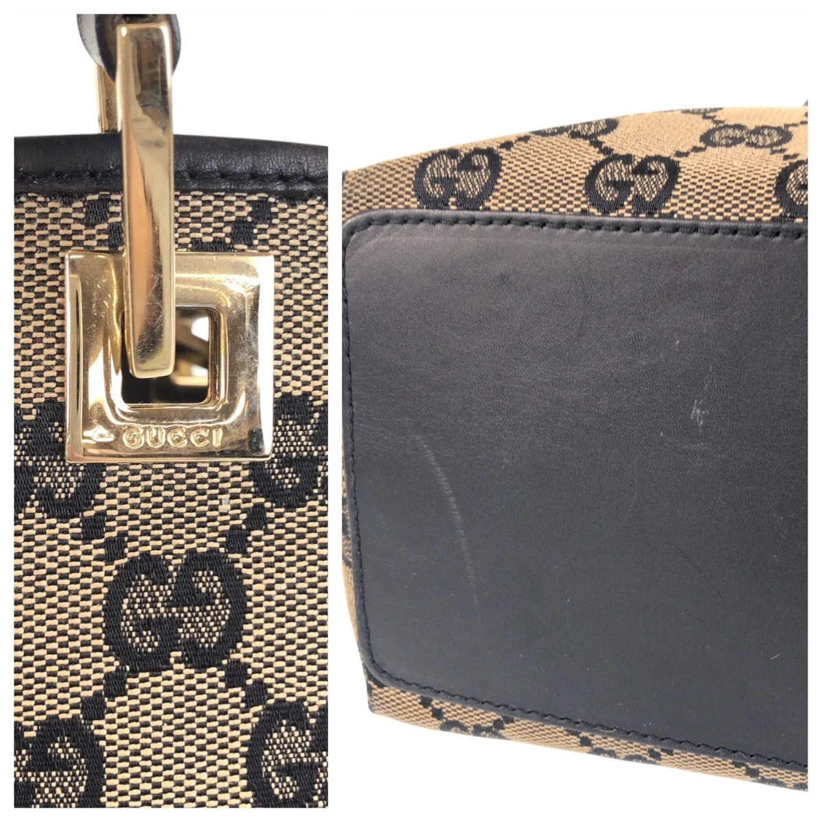 GUCCI Tote Bag 002 1099 GG canvas, leather Beige Black Gold Metal Tote Bag Shoulder Bag Women Used