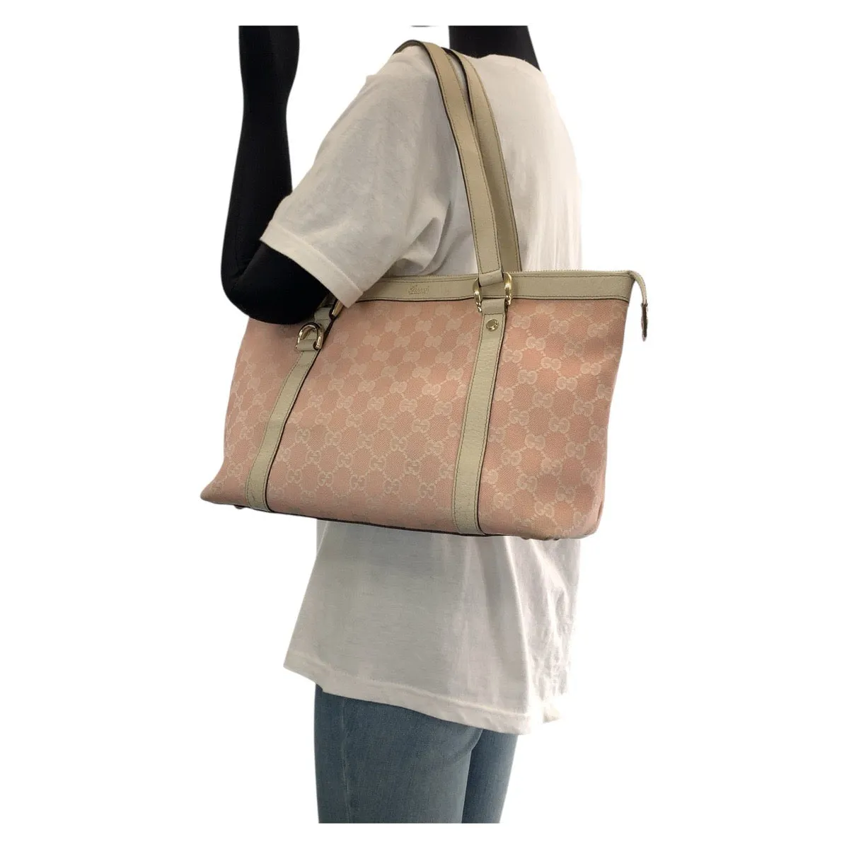 GUCCI Tote Bag 141470 GG canvas, leather Pink White Gold Metal Tote Bag Shoulder Bag Women Used