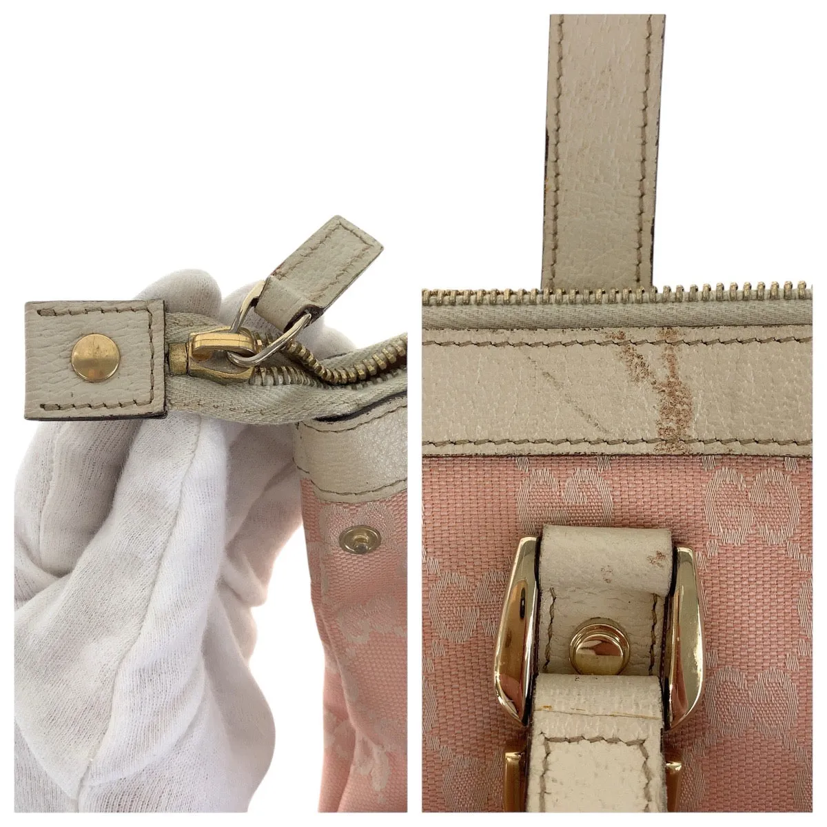 GUCCI Tote Bag 141470 GG canvas, leather Pink White Gold Metal Tote Bag Shoulder Bag Women Used