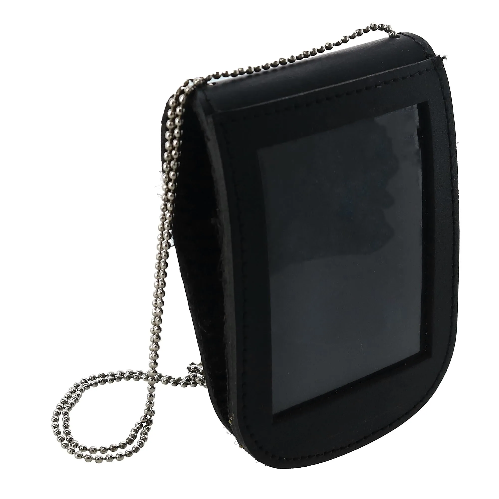 Leather Curved Rectangle Badge Holder Wallet with Back ID Window and Neck Chain