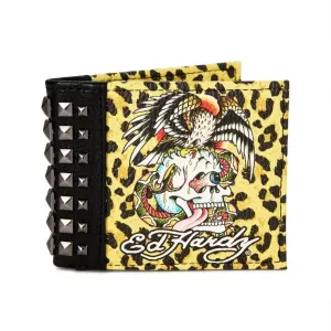 Men's Leopard Print Skull With Studs Bifold Wallet In Yellow/black