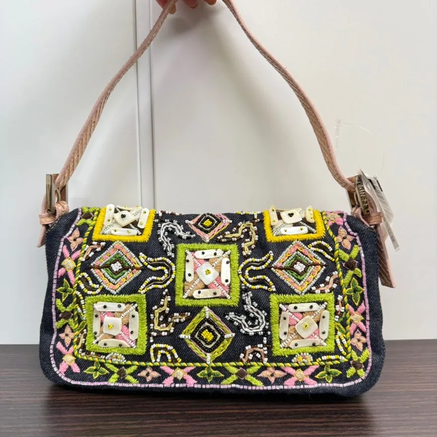 Rare??Preloved Fendi Python Beaded Denim Baguette Shoulder Bag LB110112 in Multicolor
