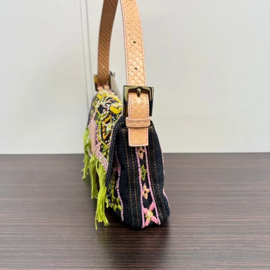Rare??Preloved Fendi Python Beaded Denim Baguette Shoulder Bag LB110112 in Multicolor