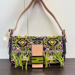 Rare??Preloved Fendi Python Beaded Denim Baguette Shoulder Bag LB110112 in Multicolor