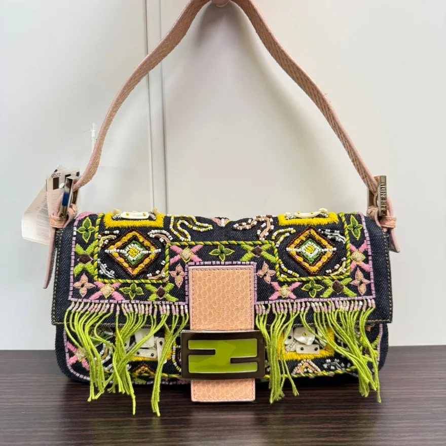 Rare??Preloved Fendi Python Beaded Denim Baguette Shoulder Bag LB110112 in Multicolor