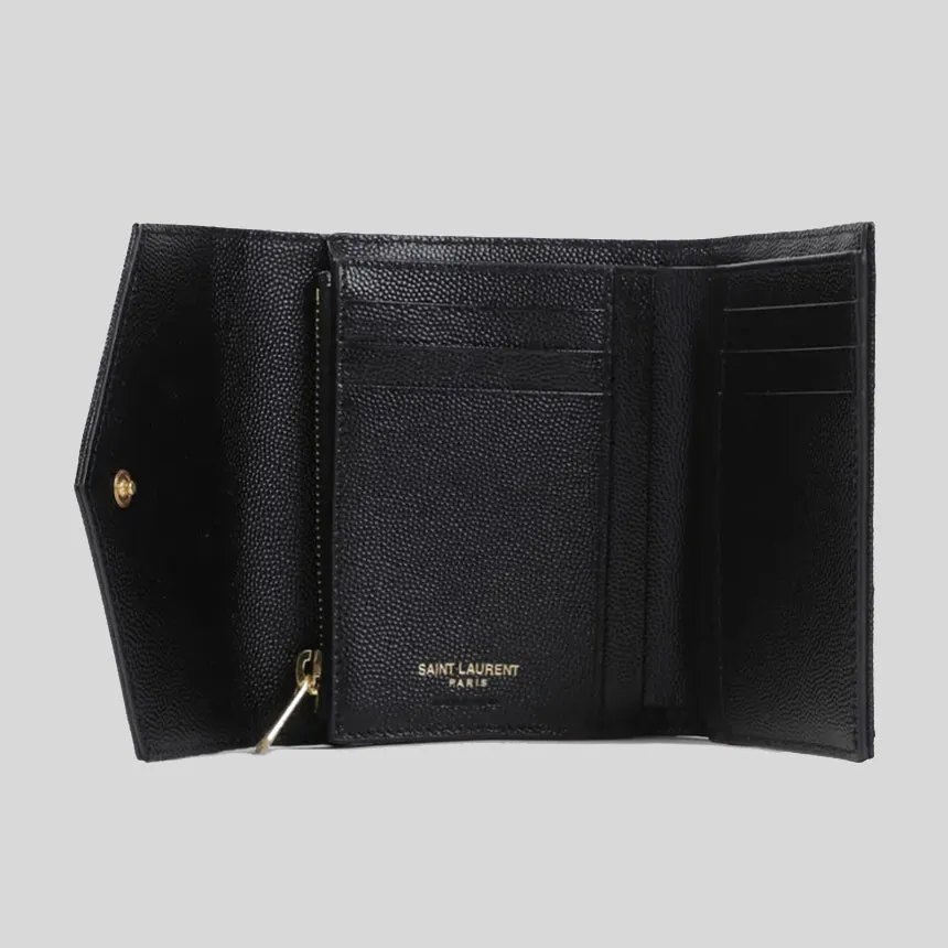 SAINT LAURENT YSL Cassandre Matelasse Compact Trifold Wallet In Grain De Poudre Embossed Leather Black 403943BOW01