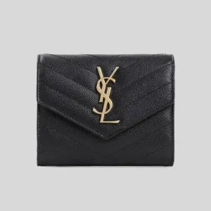SAINT LAURENT YSL Cassandre Matelasse Compact Trifold Wallet In Grain De Poudre Embossed Leather Black 403943BOW01