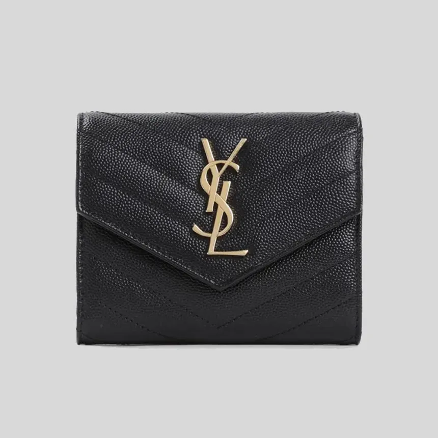 SAINT LAURENT YSL Cassandre Matelasse Compact Trifold Wallet In Grain De Poudre Embossed Leather Black 403943BOW01