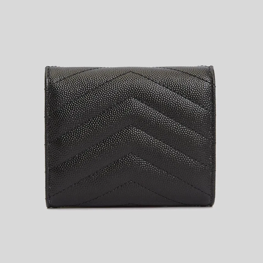 SAINT LAURENT YSL Cassandre Matelasse Multi-Folded Wallet In Grain De Poudre Leather Black 692061BOW01