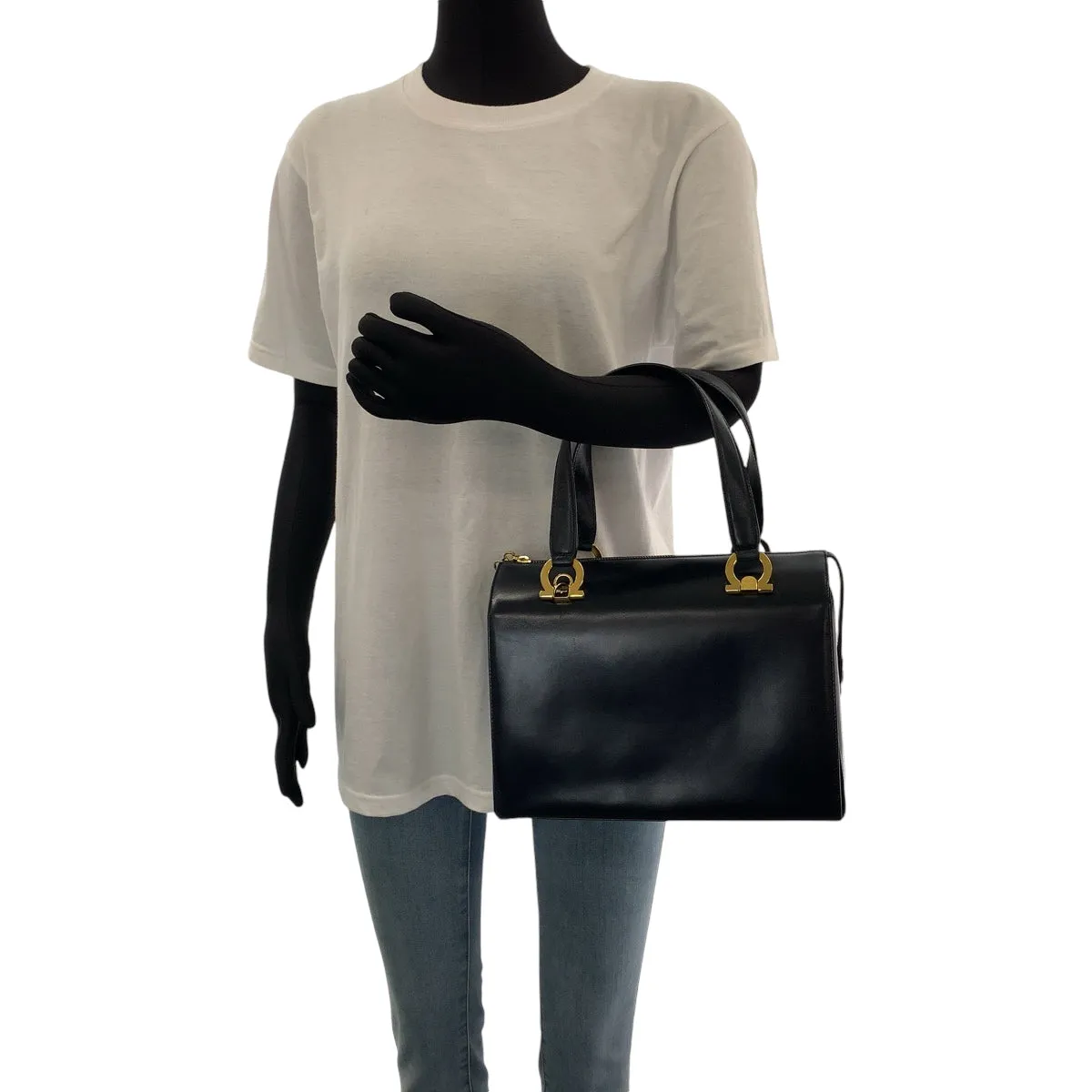 Salvatore Ferragamo Handbag leather Black GoldMetal Shoulder Bag Handbag 2way Gancini Women Used