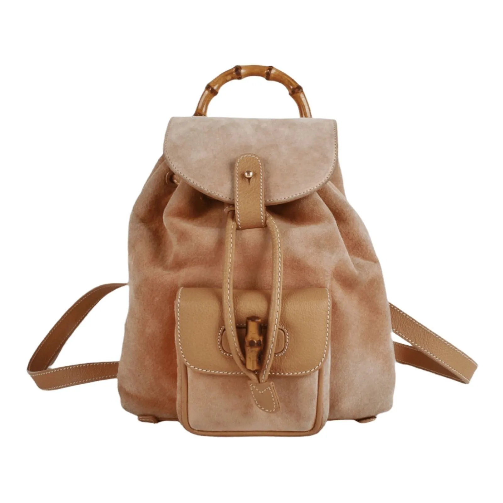 Tom Ford era, Gucci, tan colored, suede and leather, messenger bag/backpack with an exterior pocket, drawstring top, two shoulder strap