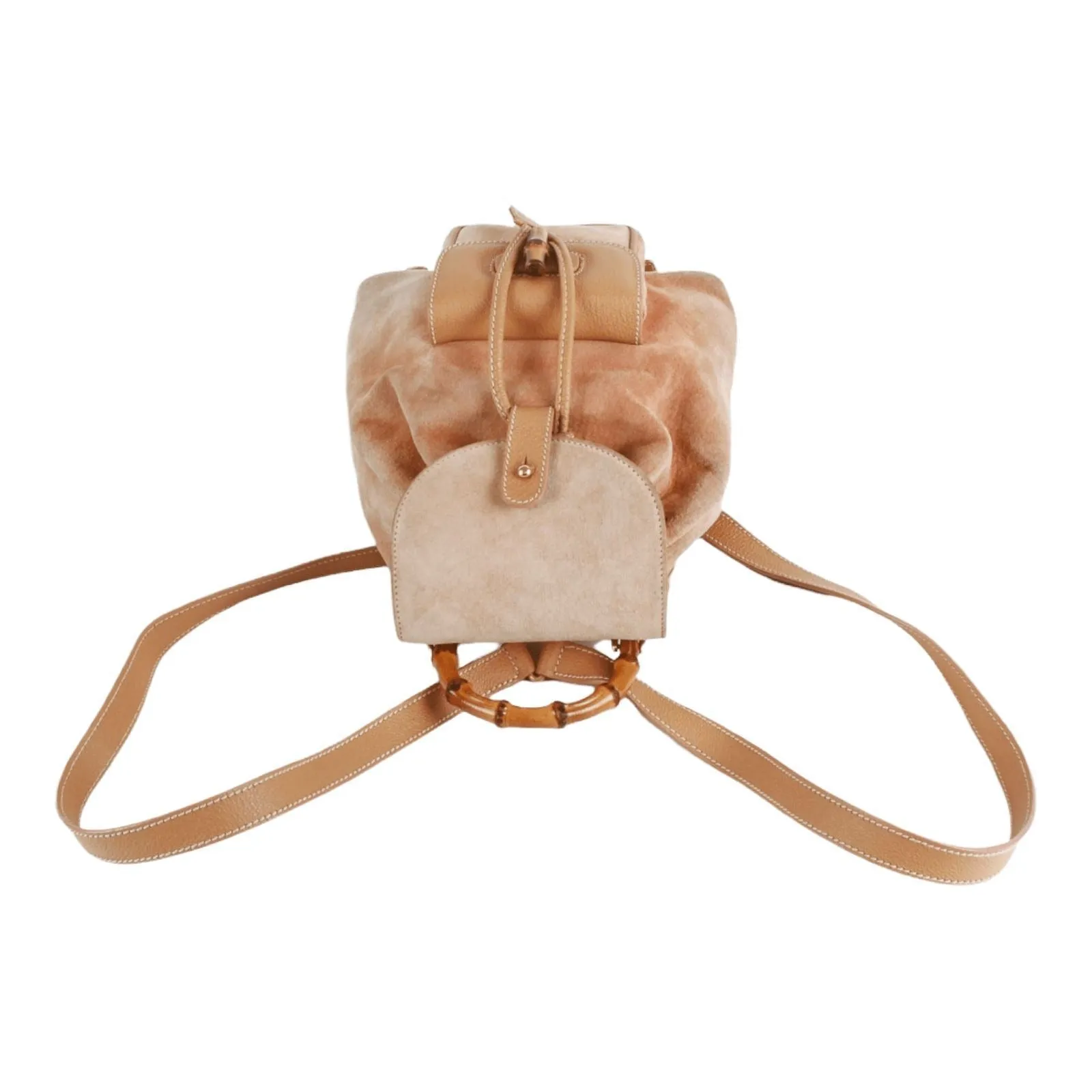 Tom Ford era, Gucci, tan colored, suede and leather, messenger bag/backpack with an exterior pocket, drawstring top, two shoulder strap