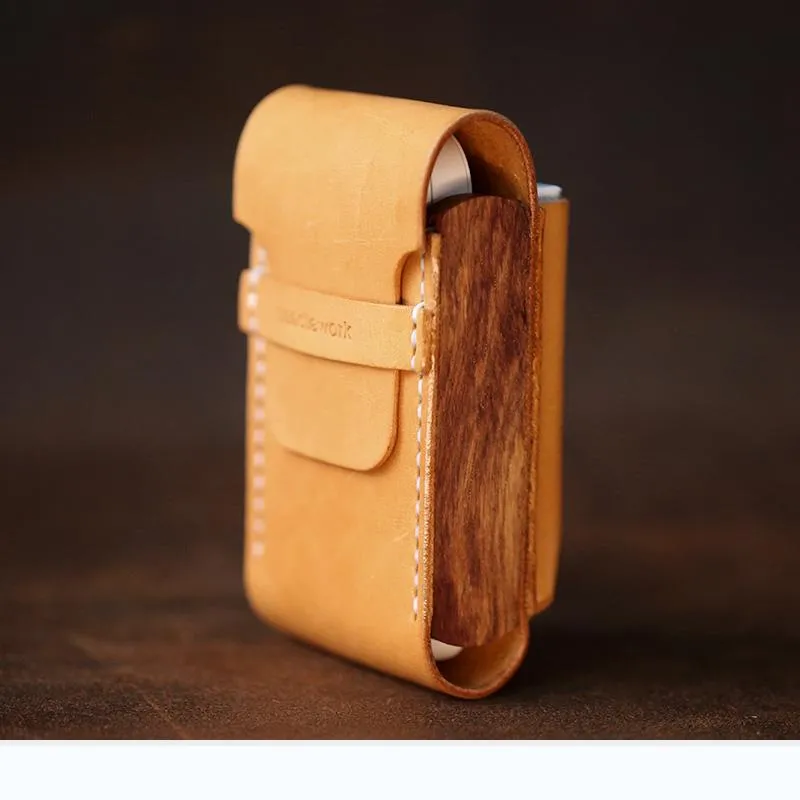 Wooden Beige Leather Mens Cigarette Case Cool Custom Cigarette Holder for Men